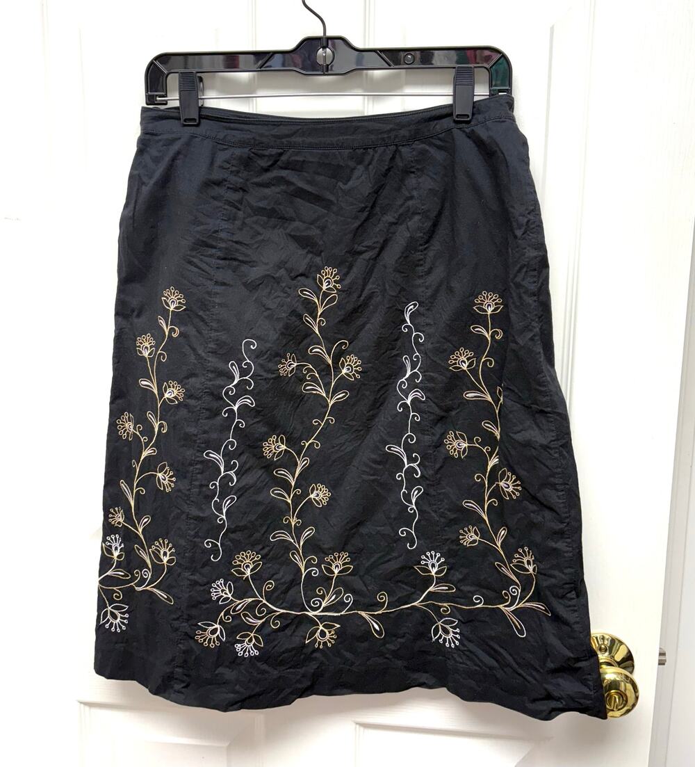 Willi Smith Skirt Black A Line Tan Embroidery, Cotton, Lined, Women's Size 4